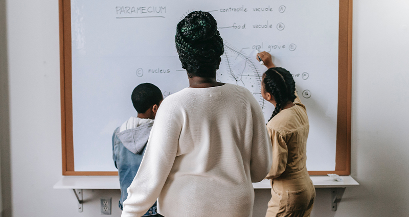 Stock photo of a teacher watching her students in the classroom. From Katerina Holmes on Pexels.