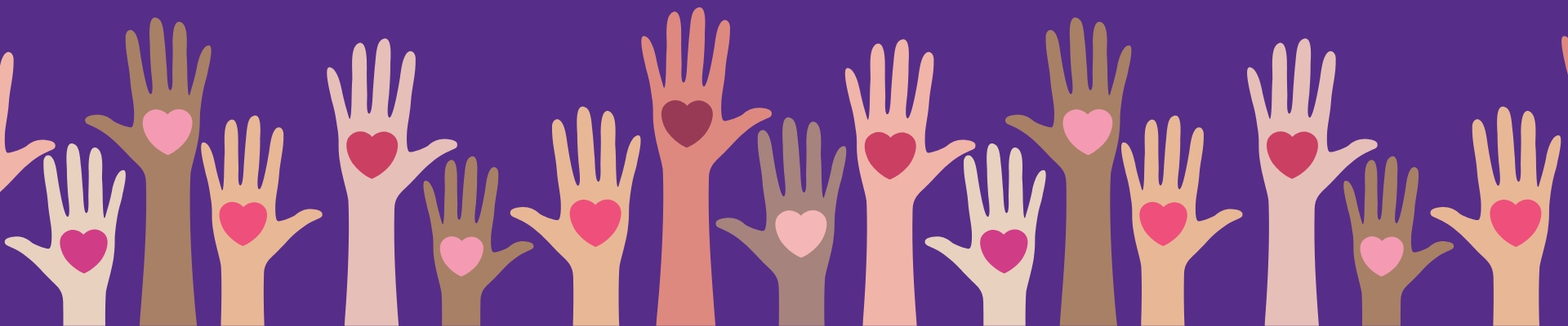 Graphic with a row of raised hands, all holding hearts.