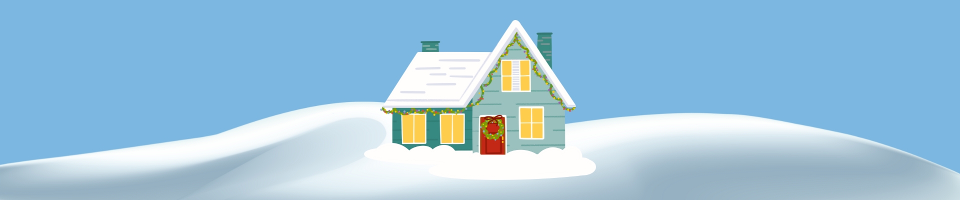 Graphic of a house decorated for the holidays in the middle of a snowy hill.