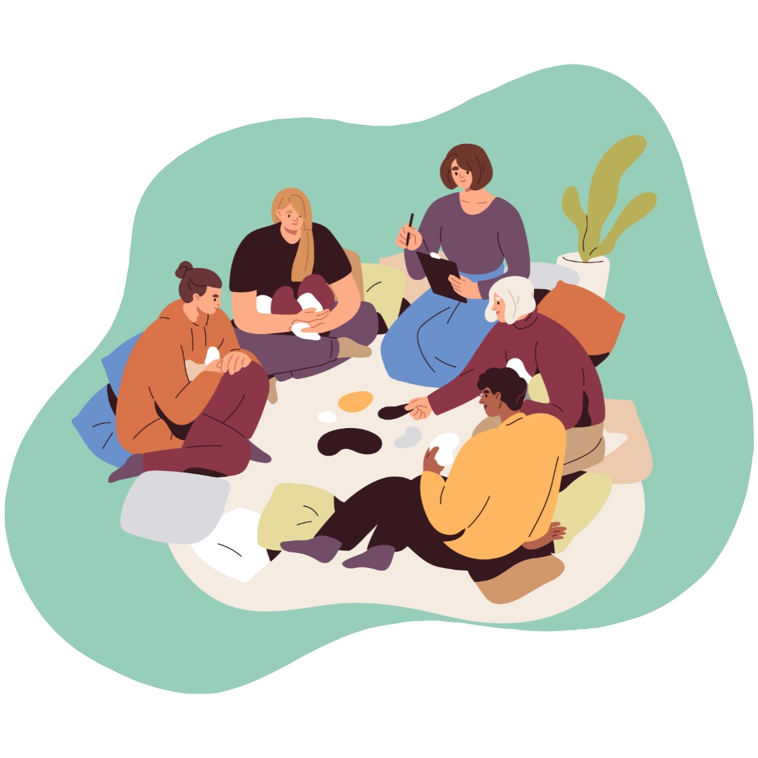 Graphic of five people sitting on pillows in a circle playing a card game in front of a green abstract blob background.