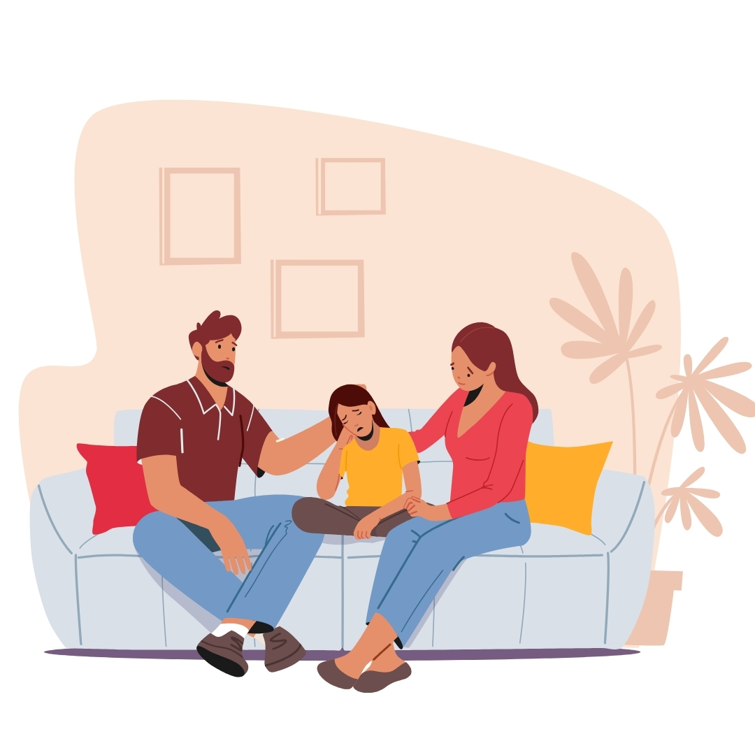 Graphic of three people sitting on a couch; a mom and dad comforting a crying teen between them