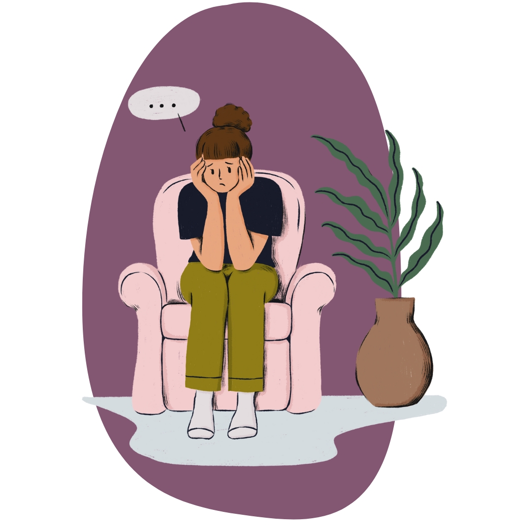 Graphic of a teen sitting in a chair leaning forward with their head in their hands on a purple blob background. An empty speech bubble with three dots points to the teen.