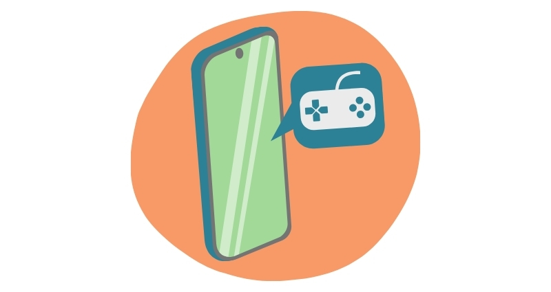 Graphic of a phone with a speech bubble. The speech bubble contains a video game controller