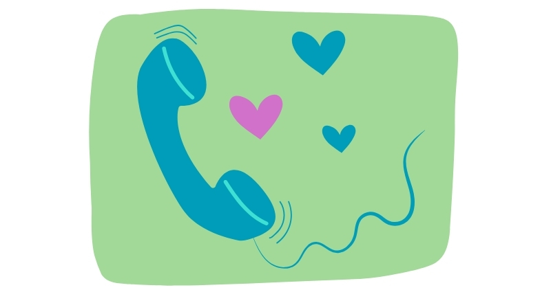Graphic of a landline phone with three hearts next to it