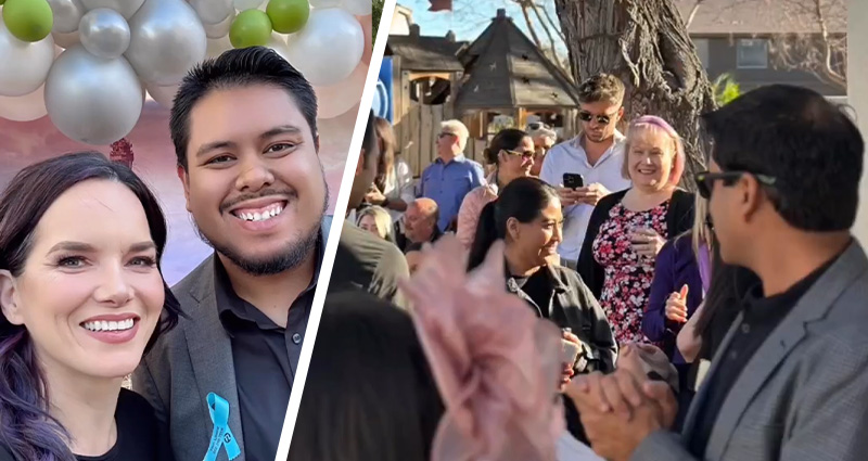 Photo of Fund Development Specialist Luis Barcelo with Alexia Bertsatos at her High Tea fundraising event and a photo of the crowd at said event.