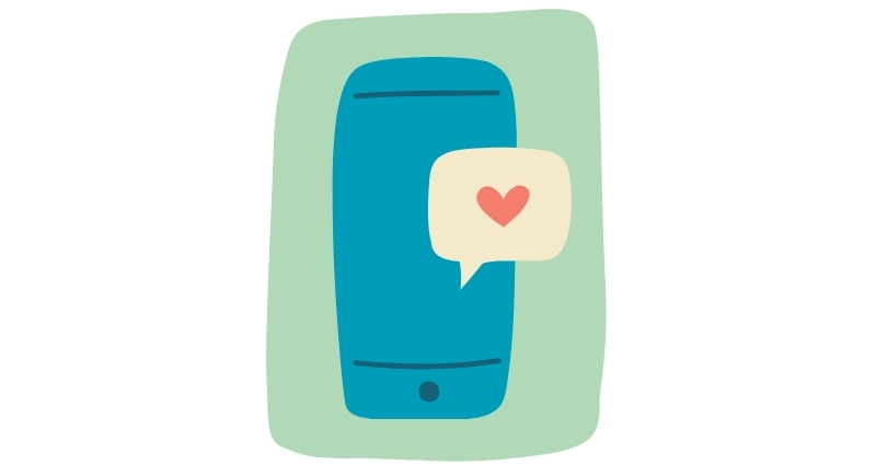 Graphic of a cell phone with a text bubble. The text bubble contains a heart.