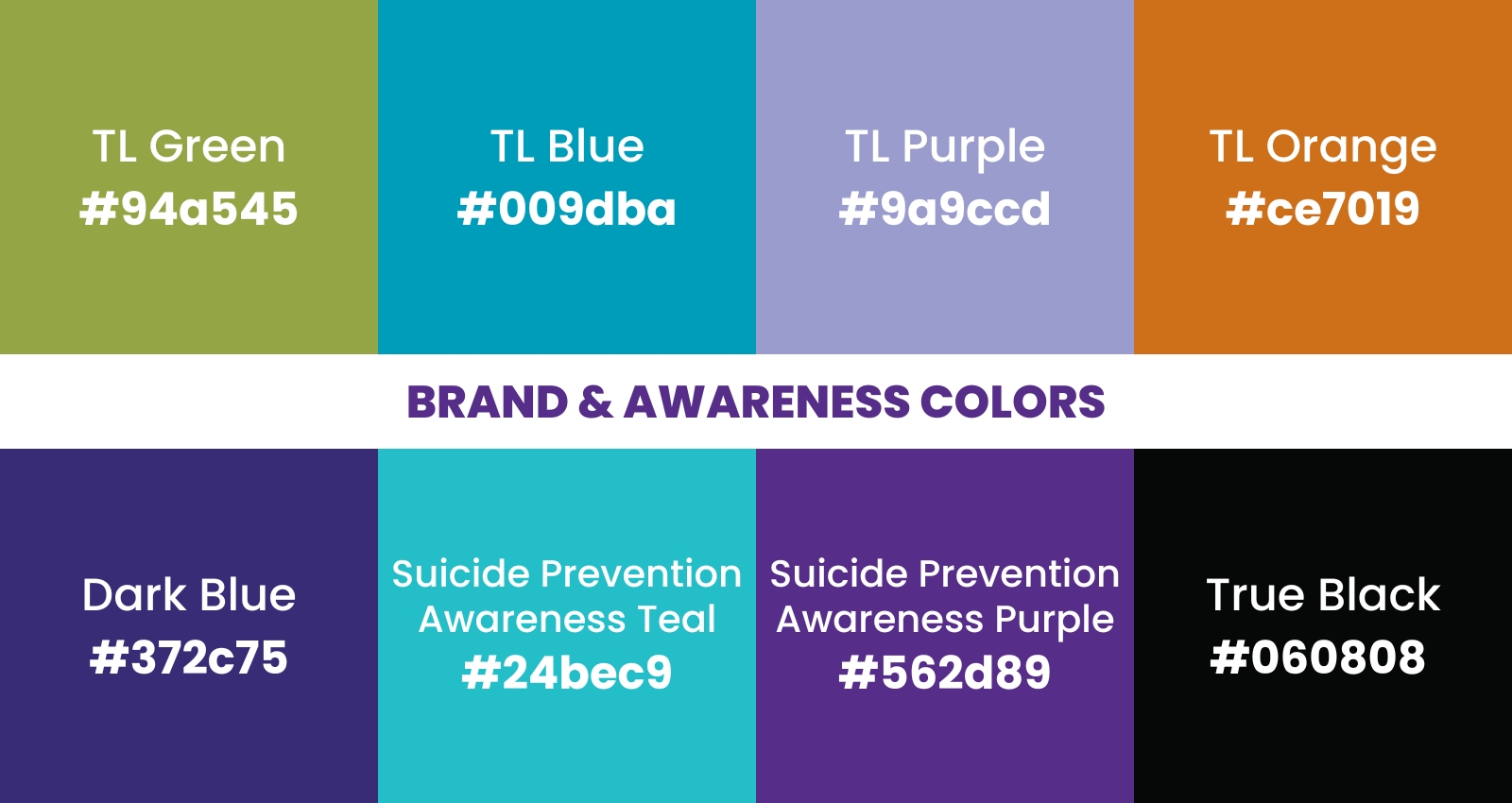 Color palette titled, "Brand & Awareness Colors." Eight different colors with hex codes are listed. TL Green: #94a545. TL Blue: #009dba. TL Purple: #9a9ccd. TL Orange: #ce7019. Dark Blue: #372c75. Suicide Prevention Awareness Teal: #24bec9. Suicide Prevention Awareness Purple: #562d89. True Black: #060808.