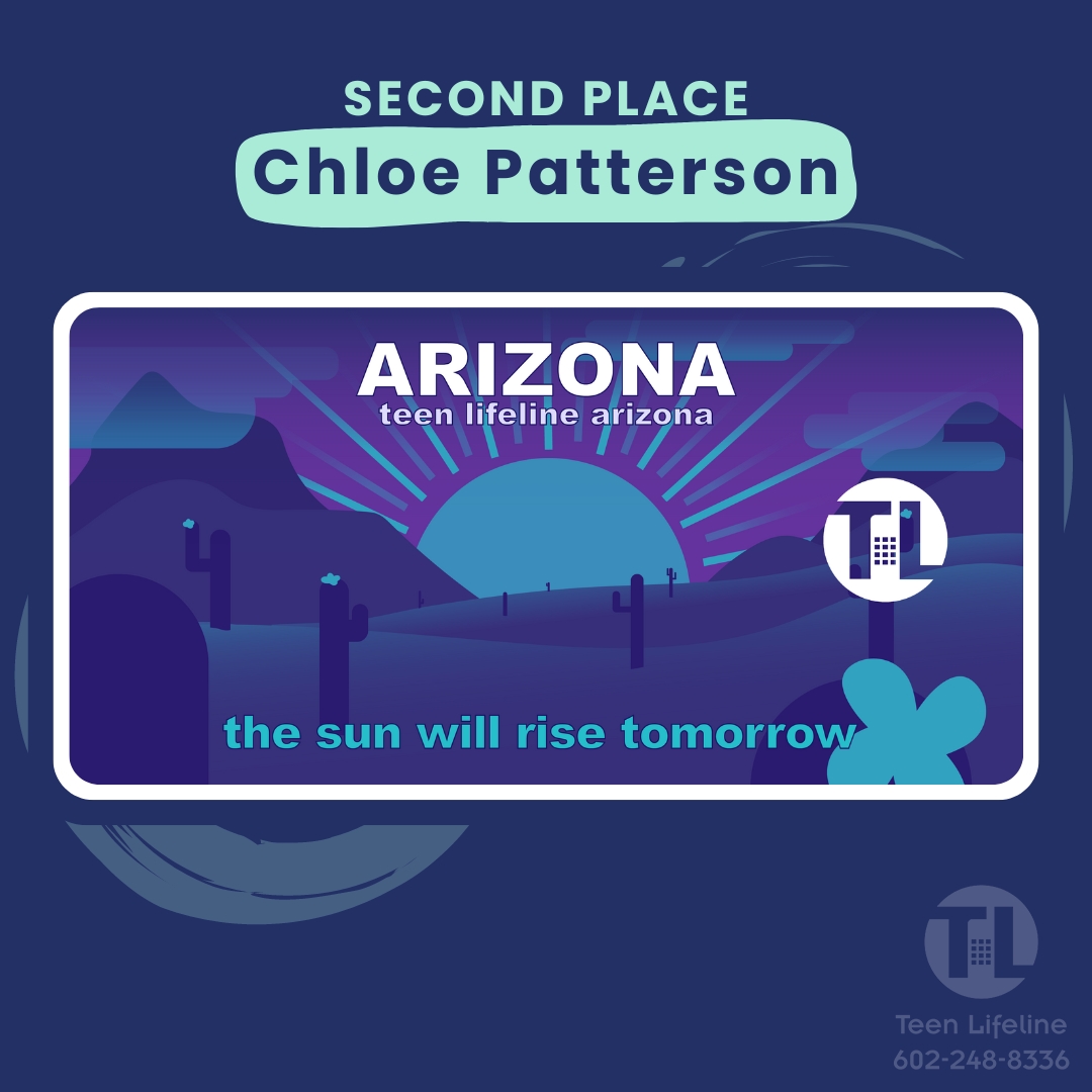 Second place design submission by Chloe Patterson in Teen Lifeline’s Teen Suicide Awareness License Plate Design Contest. It features a desert sunset in suicide awareness colors (teal and purple).