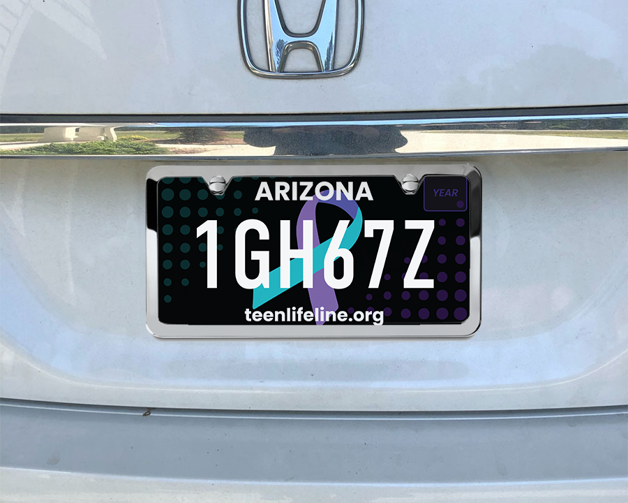 Example of Teen Lifeline's specialty license plate.